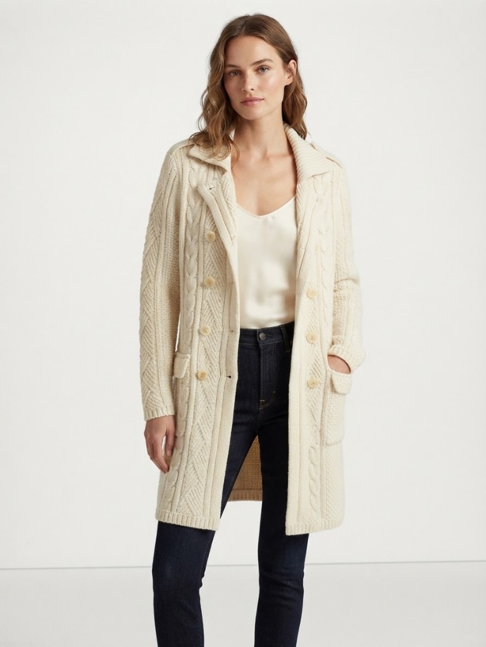 Lauren Ralph Lauren Double-Breasted Cable Knit Cardigan Sweater Size XL